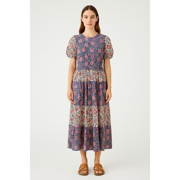 MAISIE Block Print Floral Boho Midi Dress in Ivory & Blue Size Small - Picture 9 of 9